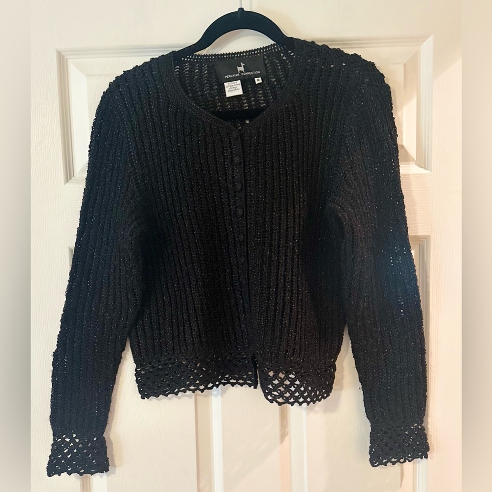 Women’s‎ Peruvian Connection Black Ribbed Luren Alpaca Wool Blend Cardigan M